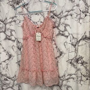 Elegant Pink Chiffon Floral Print Ruffle Dress